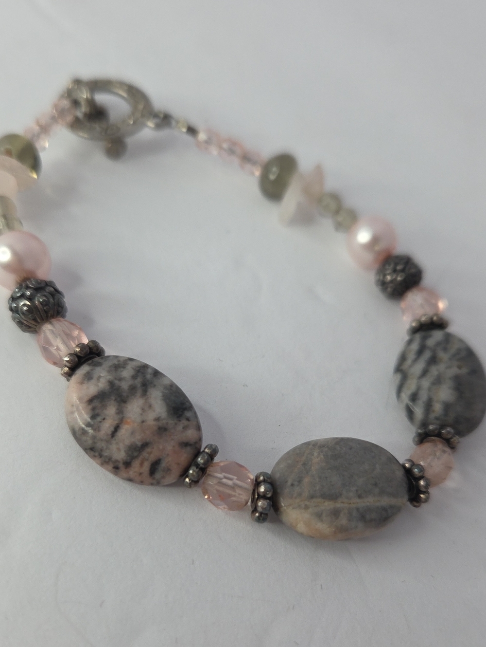 Pink & Gray Jasper With Czech Glass Beads Size 7.5"